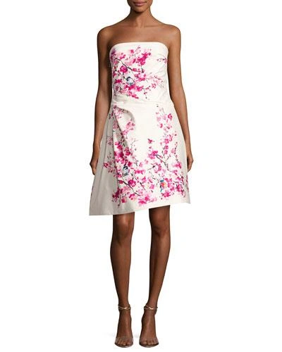 Monique Lhuillier Strapless Cherry Blossom-print Cocktail Dress, Multi In Multi Colored