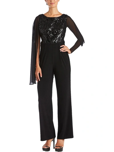 R & M Richards Petites Womens Sequined Chiffon Jumpsuit In Black