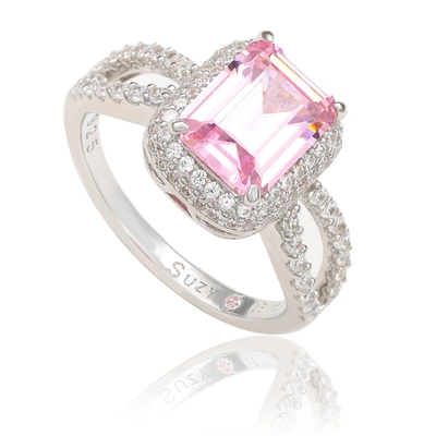 Suzy Levian Sterling Silver Pink Cubic Zirconia  Halo Engagement Ring