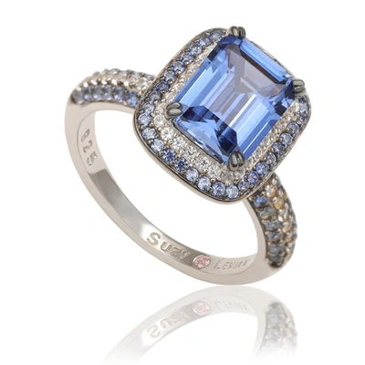 Suzy Levian Sterling Silver Blue Sapphire Diamond Accent Halo Ring