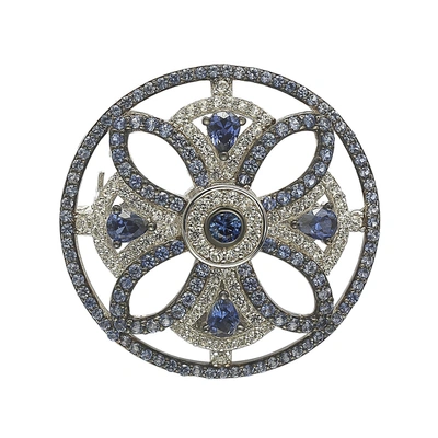 Suzy Levian Sterling Silver Sapphire & White Sapphire Circle Medieval Brooch In Blue