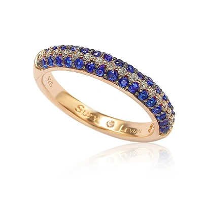 Suzy Levian Micro-pave Blue Cubic Zirconia In Rose Sterling Silver Stackable Band