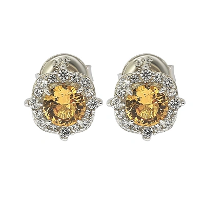 Suzy Levian Sterling Silver Yellow Sapphire 0.66cttw Halo Stud Earrings In Orange