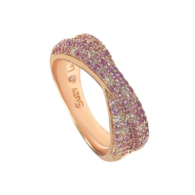 Suzy Levian Sterling Silver Pink & White Sapphire & Diamond Accent Petite Pave Crossover Ring