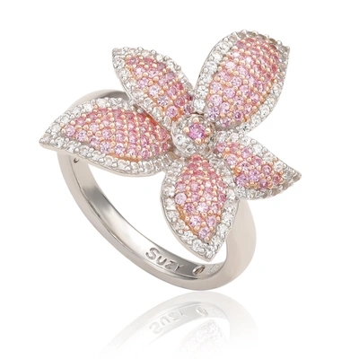 Suzy Levian Sterling Silver Pink Sapphire & White Sapphire Flower Ring