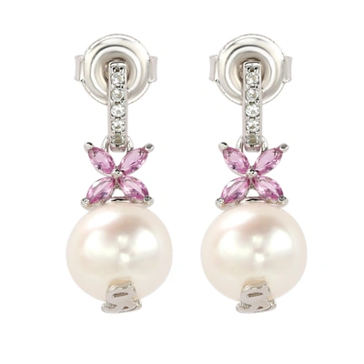 Suzy Levian Sterling Silver Pearl & Pink Sapphire Floral Earrings