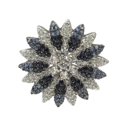 Suzy Levian Floral Sterling Silver White Sapphire Blue Sapphire Brown Diamond Brooch