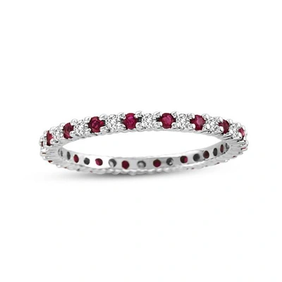 Suzy Levian 14k White Gold Diamond And Ruby Eternity Band Ring In Red