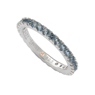 Suzy Levian Sterling Silver Thin Aqua Cubic Zirconia Eternity Band In Blue