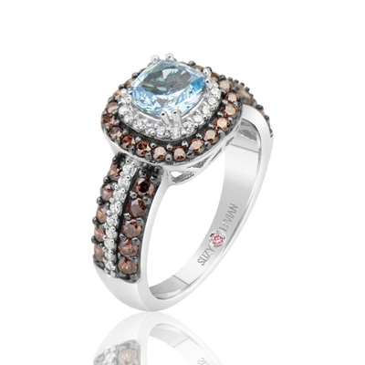 Suzy Levian Sterling Silver Cushion Cut Cubic Zirconia Aquamarine & Brown Cubic Zirconia Engagement Ring In Blue