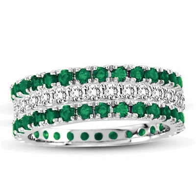 Suzy Levian 14k White Gold Emerald Diamond 3-piece Eternity Band Ring Set In Green