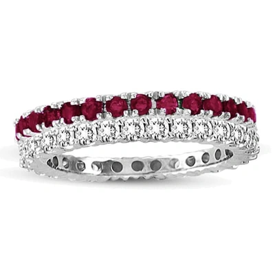 Suzy Levian 14k White Gold Ruby Diamond 2-piece Eternity Band Ring Set In Red