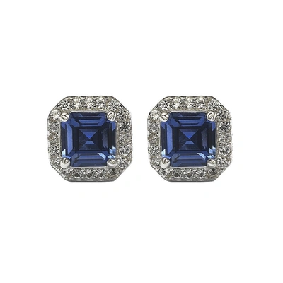 SUZY LEVIAN STERLING SILVER ASSHER CUT SAPPHIRE HALO STUD EARRINGS