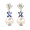 Suzy Levian Sterling Silver Pearl & Blue Sapphire Floral Earrings In Blue