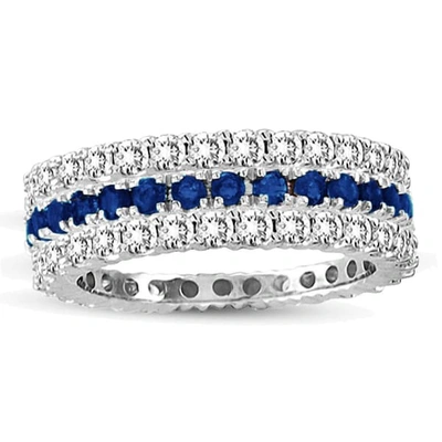 Suzy Levian 14k White Gold Sapphire Diamond 3-piece Set Eternity Band Ring In Blue