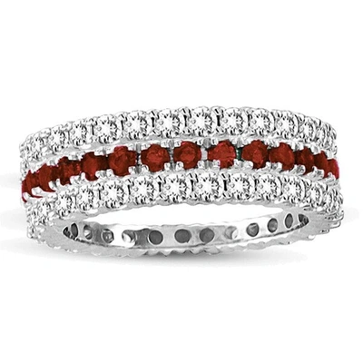 Suzy Levian 14k White Gold Ruby Diamond 3-piece Eternity Band Ring Set In Red