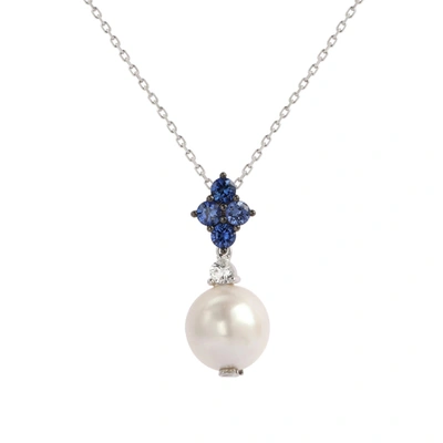Suzy Levian Silver Sapphire Pearl Cluster Pendant Necklace
