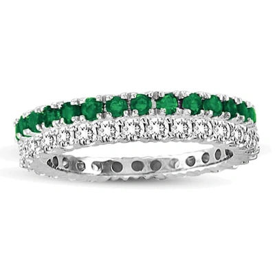 Suzy Levian 14k White Gold Emerald Diamond 2-piece Set Eternity Band Ring In Green