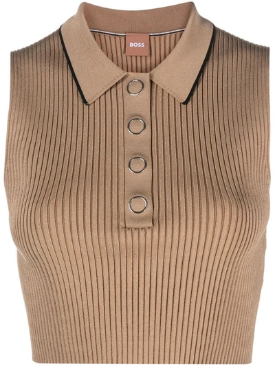 Hugo Boss Ribbed-knit Cropped Vest In Beige