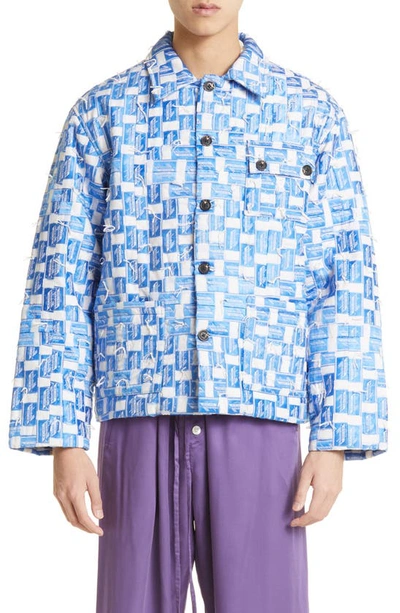 Bode Label-embroidered Print Quilted Jacket In Blue Cream