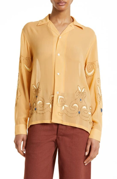 Bode Beaded Cantaloupe Silk Georgette Button-up Shirt