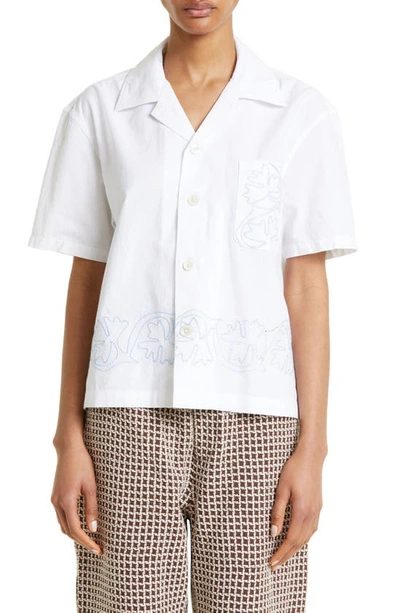 Bode Zig-zag Couching Short Sleeve Button-up Shirt In White Blue