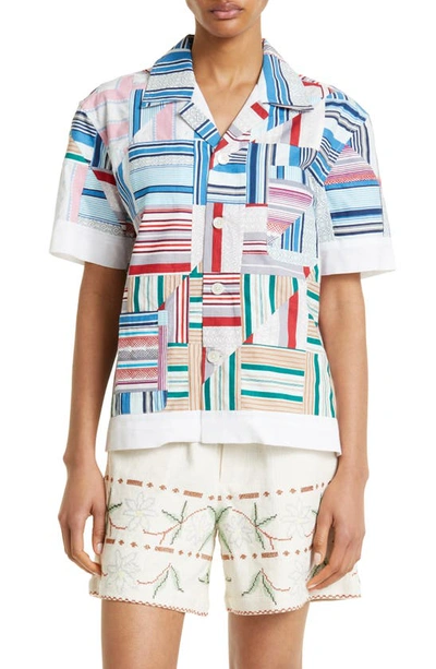 Bode Patchwork Oxford Short Sleeve Button-up Shirt In Blue Multi