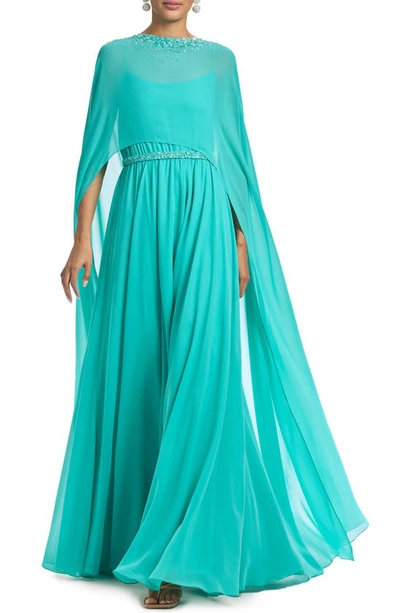 Sachin & Babi Lavina Beaded Gown With Cape In Turquoise