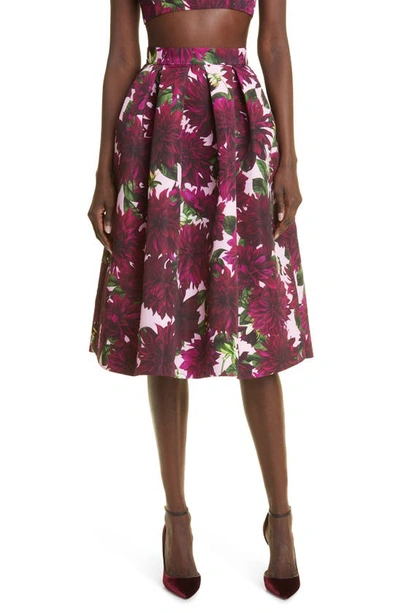Oscar De La Renta Dahlia Floral Faille Midi Skirt In Burgundy/pink