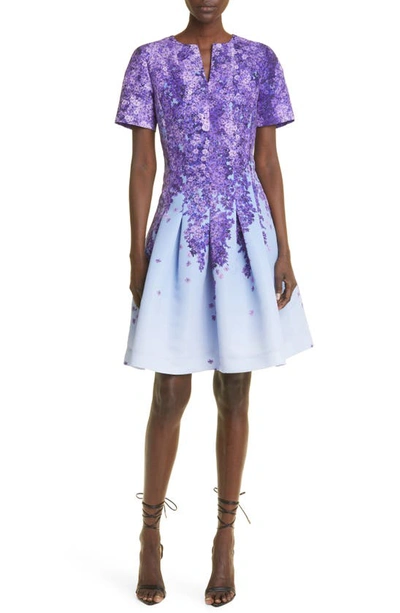 Oscar De La Renta Lilac Print Faille Dress In Lilac/blue