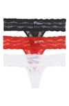 B.tempt'd By Wacoal Assorted 3-pack Lace Kiss Thongs In White/crimson Red /night