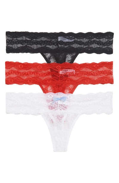 B.tempt'd By Wacoal Assorted 3-pack Lace Kiss Thongs In White/crimson Red /night
