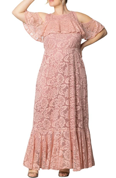 Kiyonna Women's Plus Size Riviera Lace Cold Shoulder Maxi Dress In Blush