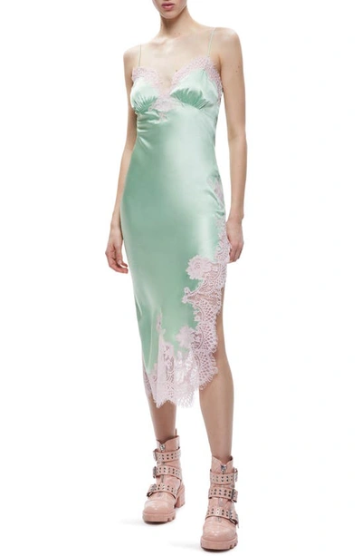 Alice And Olivia Kerr Lace-trim Asymmetric Midi Slip Dress In Pistachio