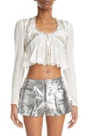 ISABEL MARANT OLAYA METALLIC STRIPE BEADED SILK CROP TOP