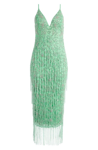 Asos Design Floral Midi Dress With Beaded Fringe In Green