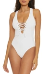 BECCA MODERN EDGE PLUNGE LACE-UP RIBBED ONE-PIECE SWIMSUIT