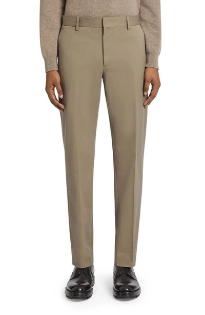 Zegna Flat Front Stretch Cotton Gabardine Trousers In Khaki