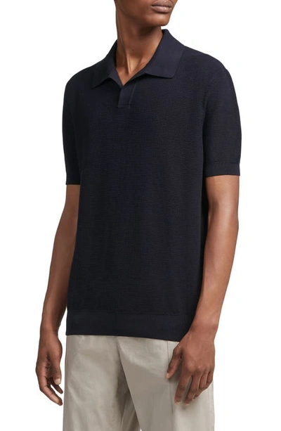 Zegna Waffle Knit Premium Cotton Polo Sweater In Navy Blue