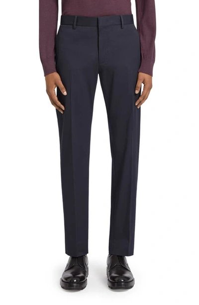 Zegna Flat Front Stretch Cotton Gabardine Trousers In Navy