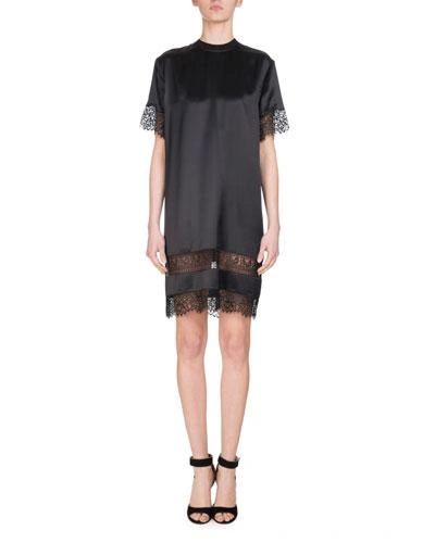 Givenchy Short-sleeve Lace-trim Silk Dress, Black