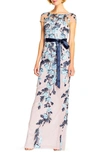 Adrianna Papell Floral-embroidered Column Gown In Midnight Nude