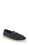 Prada Enamel Triangle Logo Suede Loafers In Navy Blue