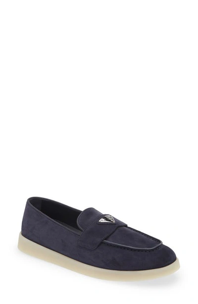Prada Enamel Triangle-logo Suede And Leather Loafers In Black