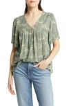 Caslon Print V-neck Gauze Top In Green Dune Scrolling Ditsy
