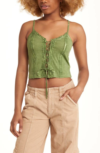 Bdg Urban Outfitters Embroidered Crop Tie Front Cotton Blend Tank Top In Green