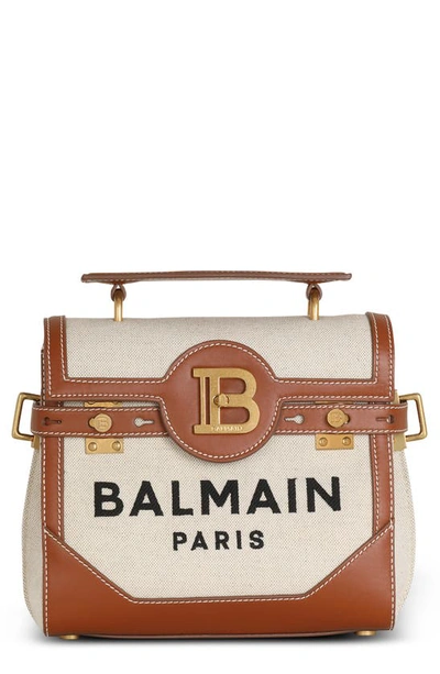 Balmain B-buzz 23 Canvas & Leather Top Handle Bag In Gem Natural/ Brown