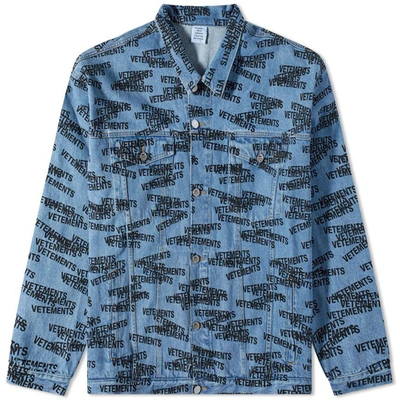 Vetements Logo-print Stonewashed Denim Jacket In Blue