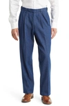 Berle Pleated Self Sizer Waist Flat Front Denim Trousers In Navy