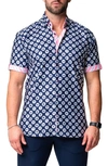 MACEOO MACEOO GALILEO DOGDOT BLUE STRETCH SHORT SLEEVE BUTTON-UP SHIRT